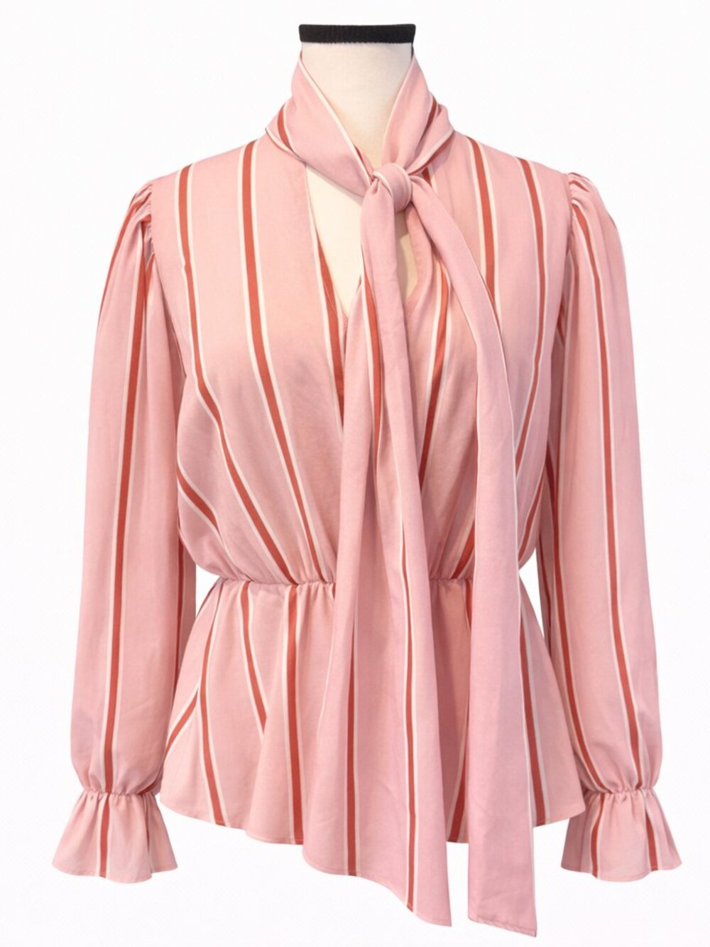 THE MOON Pink Stripe Tie Neck Peplum Blouse Size M Romantic Puff Sleeve Top - Picture 5 of 8